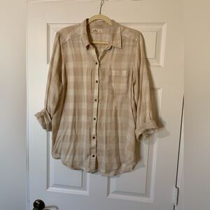 Hollister Light Tan Beige Checkered Long‎ Sleeve Button Up Shirt Large Casual